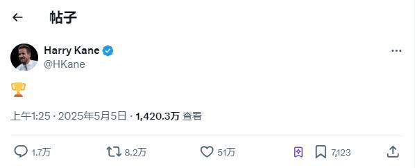 全球賀電！凱恩奪冠，社交媒體火爆，7小時(shí)破億瀏覽贊51萬