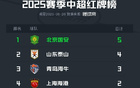 中超上段紅牌榜：國安領(lǐng)跑5張，山東次之4張，海牛第三。